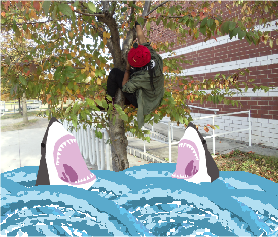 A picture I created of my friend stuck in a tree surrounded by sharks. Created in Illustrator.